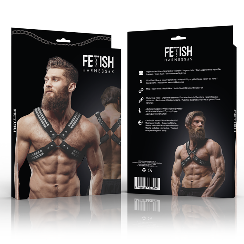 FETISH SUBMISSIVE ATTITUDE - HARNAIS EN CUIR ÉCOLOGIQUE POUR HOMMES POITRINE CROISÉE AVEC RIVETS