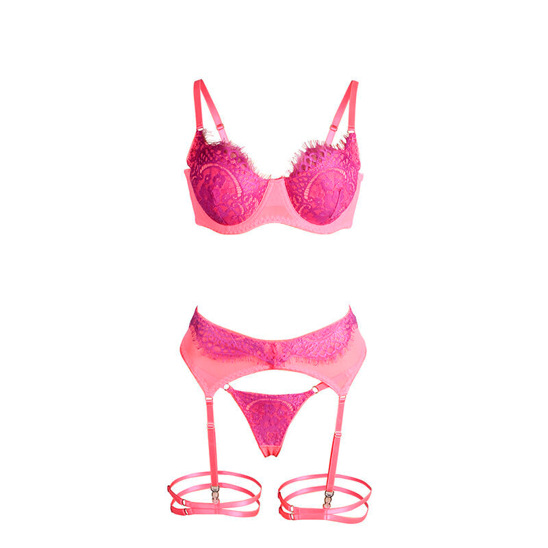 SUBBLIME - 955366 ENSEMBLE SOUTIEN-GORGE AVEC LIGNES DE DENTELLE ET JARRETELLES ROSE ET VIOLET L/XL
